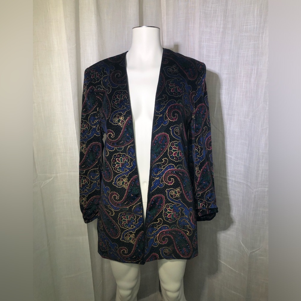 Vtg Koret Velvet Paisley Blazer w/ Gathered Sleeves